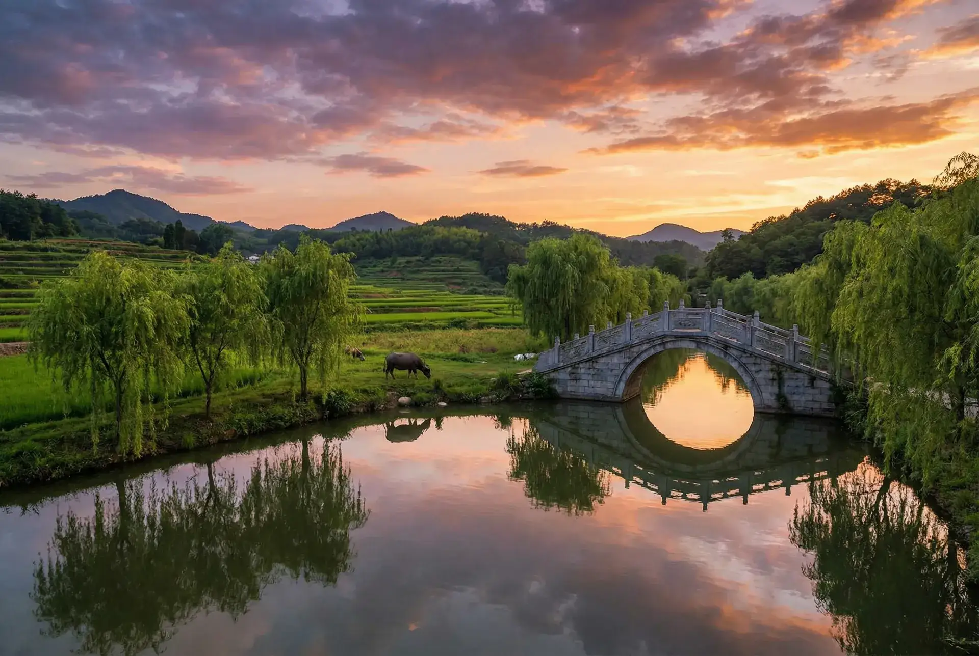 夕阳下的石拱桥与垂柳，水牛在河边吃草 - 过程1V2 乡村美景